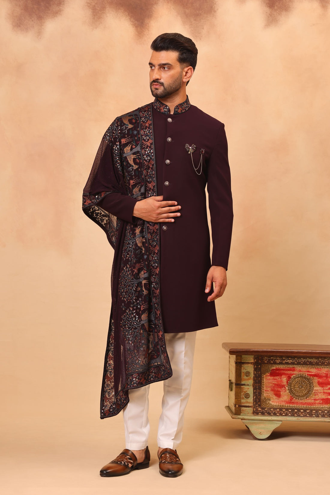 Wine Sherwani Set with Dupatta