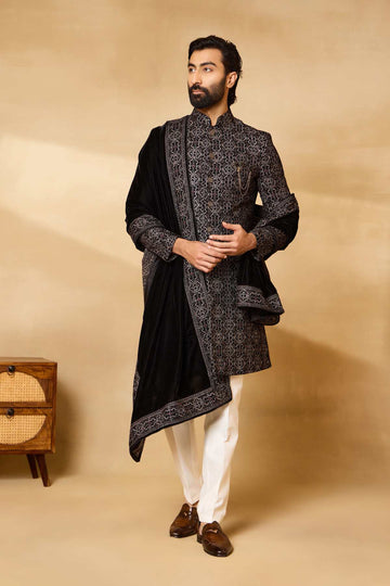 Black Velvet Embroidered Sherwani Set with Dupatta