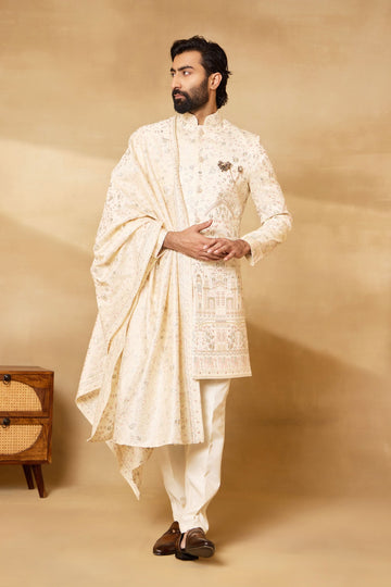 Cream Silk Multi Thread Embroidered Sherwani Set with Dupatta