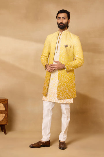 Ombre Yellow Embroidered Front Open Long Jacket Set