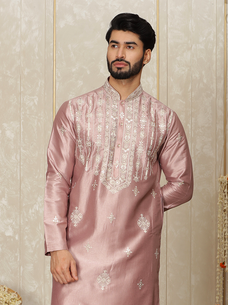 Onion Pink Silk Thread Embroidered Kurta Set for Men