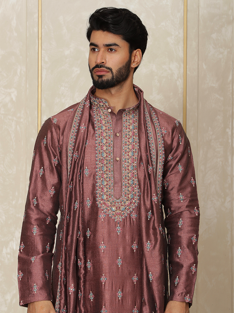 Rust Silk Thread Embroidered Kurta Set with Dupatta for Men