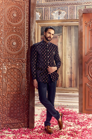 Navy Blue Velvet Zari Embroidered Jodhpuri Set with Formal Pants