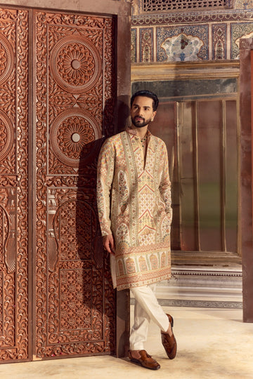 Cream Chinon Embroidered Kurta Set for Men