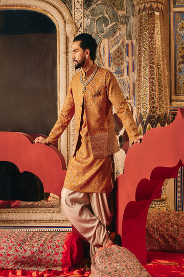 Haldi Satin Silk Embroidered Koti Kurta Set for Men