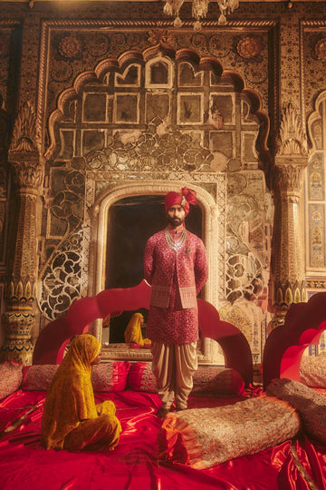 Mehroon Satin Silk Embroidered Koti Kurta Set for Men
