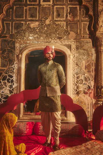 Green Satin Silk Embroidered Koti Kurta Set for Men