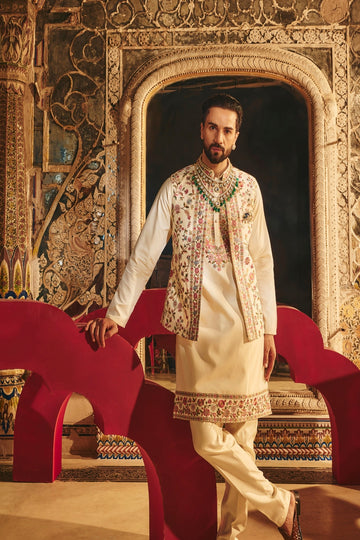 Fawn Multy Thread Embroidered Koti Kurta Set for Men