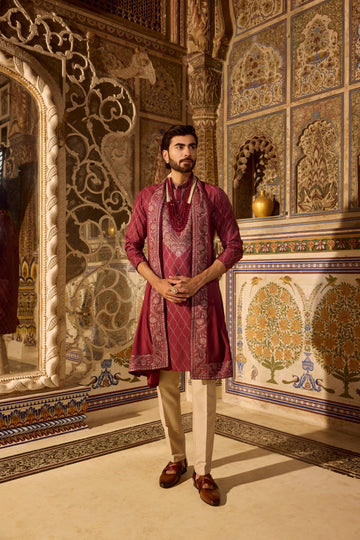 Dark Pink Silk Embroidered Kurta Set with Dupatta for Men
