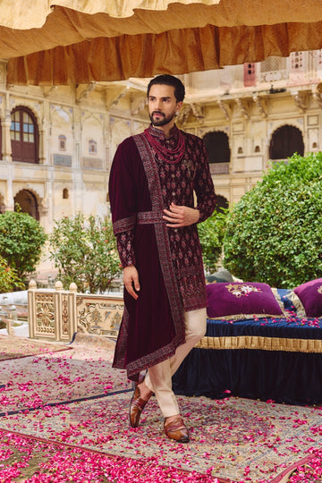 Mehroon Velvet Embroidered Sherwani Set with Dupatta