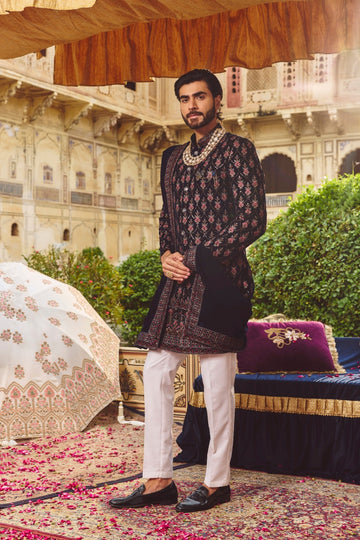 Navy Blue Velvet Embroidered Sherwani Set with Dupatta