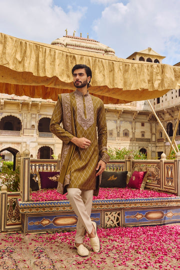 Mehandi Green Silk Embroidered Kurta Set with Dupatta for Men