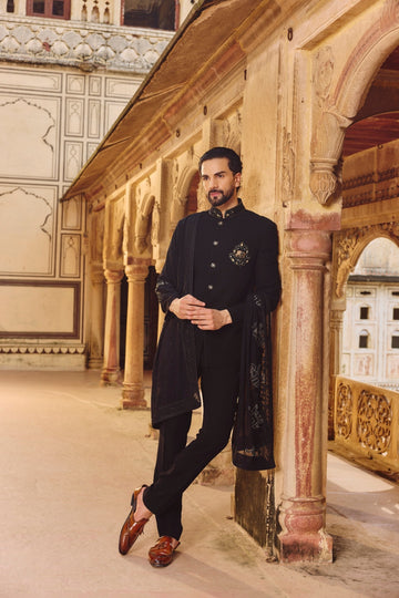 Black Embroidered Jodhpuri Set with Dupatta and Formal Pants