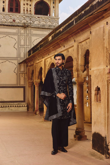 Black Velvet Embroidered Sherwani Set with Dupatta