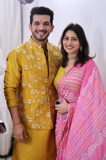 Haldi Silk Embroidered Koti Kurta Set for Men