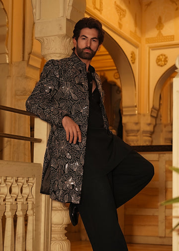Black Cutdana Work Long Jacket Set with Heavy Embroidery for Men