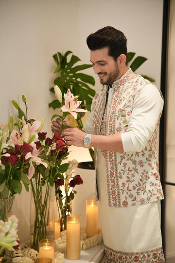 Fawn Multy Thread Embroidered Koti Kurta Set for Men