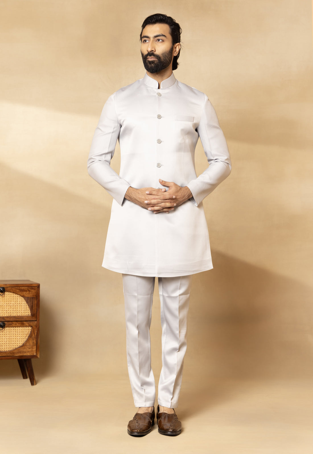 Grey Satin Silk Embroidered Nehru Jacket Set