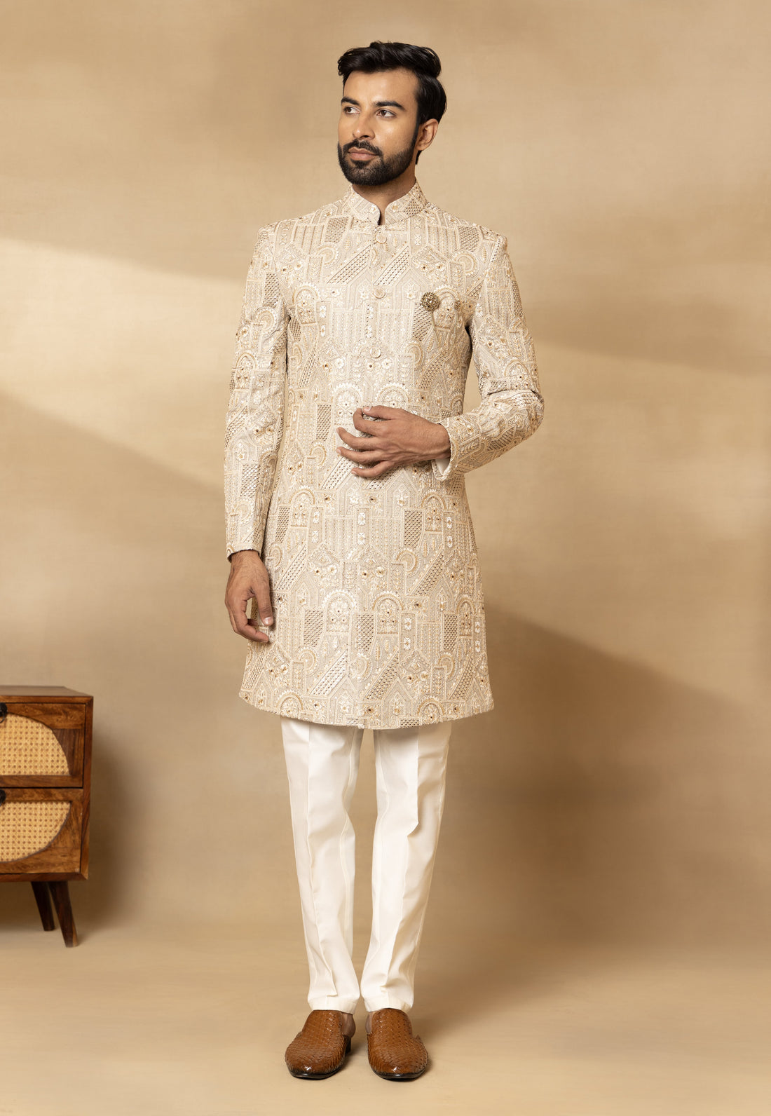 Pista Green Silk Embroidered Sherwani Set with Dupatta