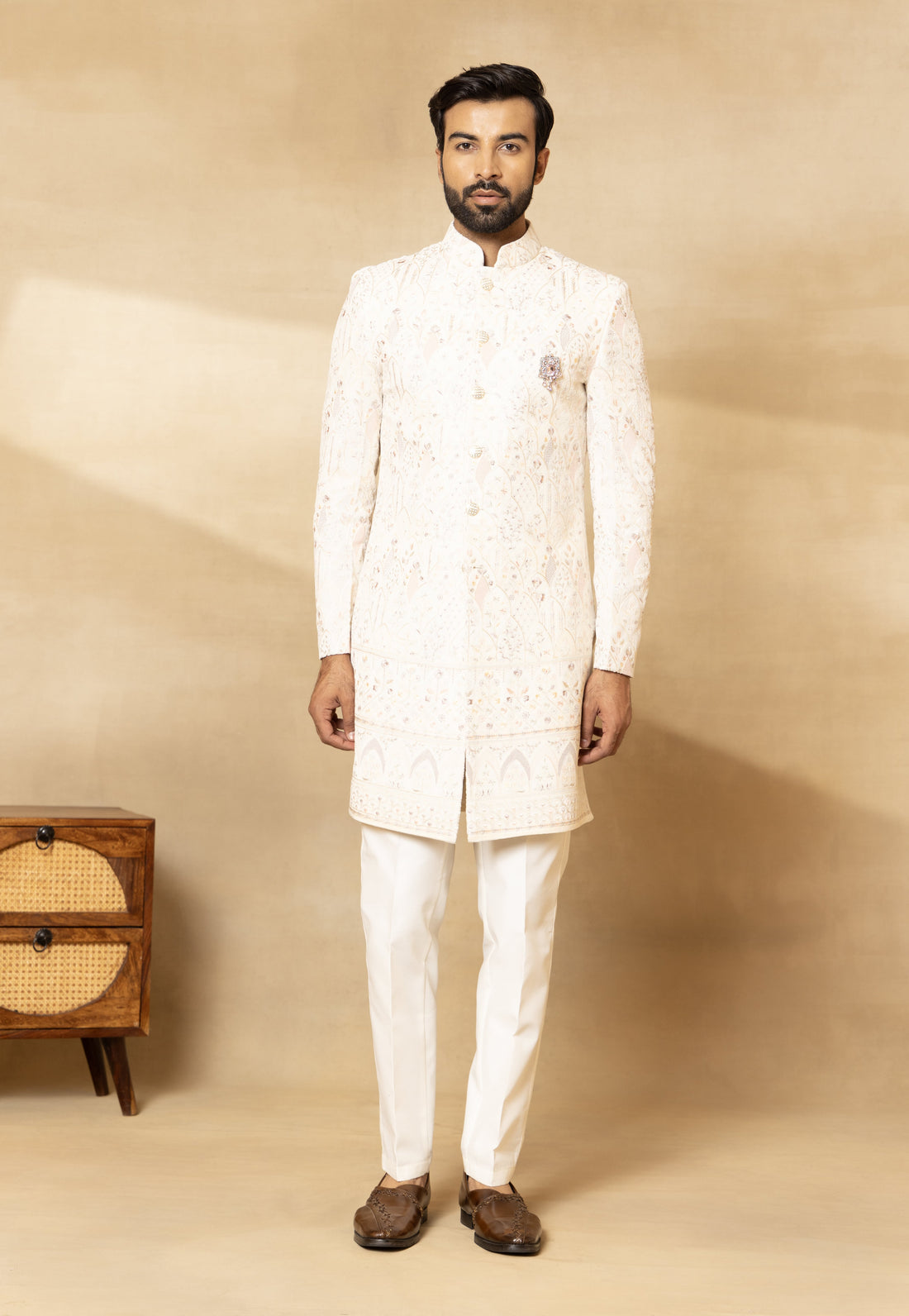 Cream Velvet Embroidered Sherwani Set with Dupatta