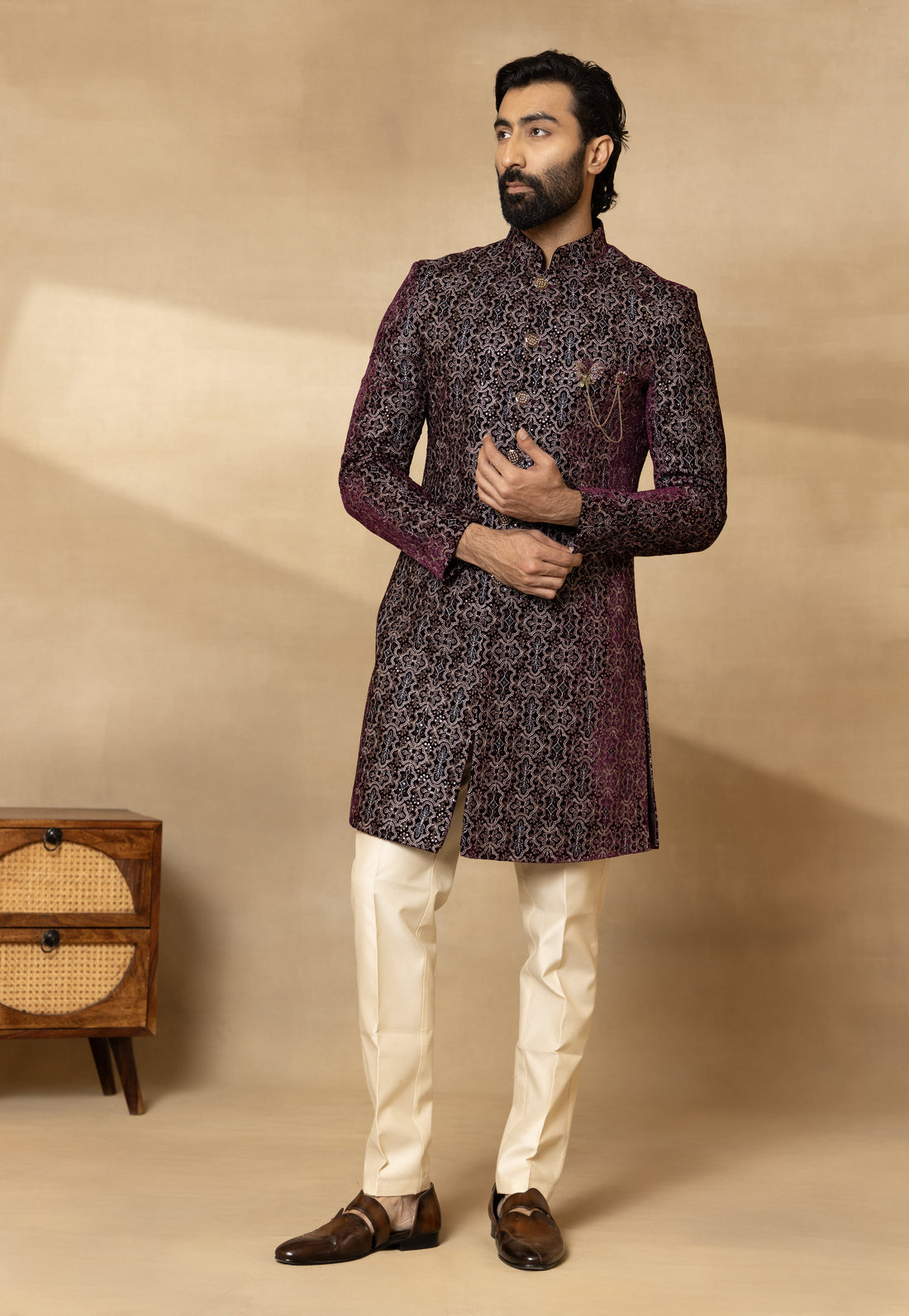 Wine Velvet Embroidered Sherwani Set with Dupatta