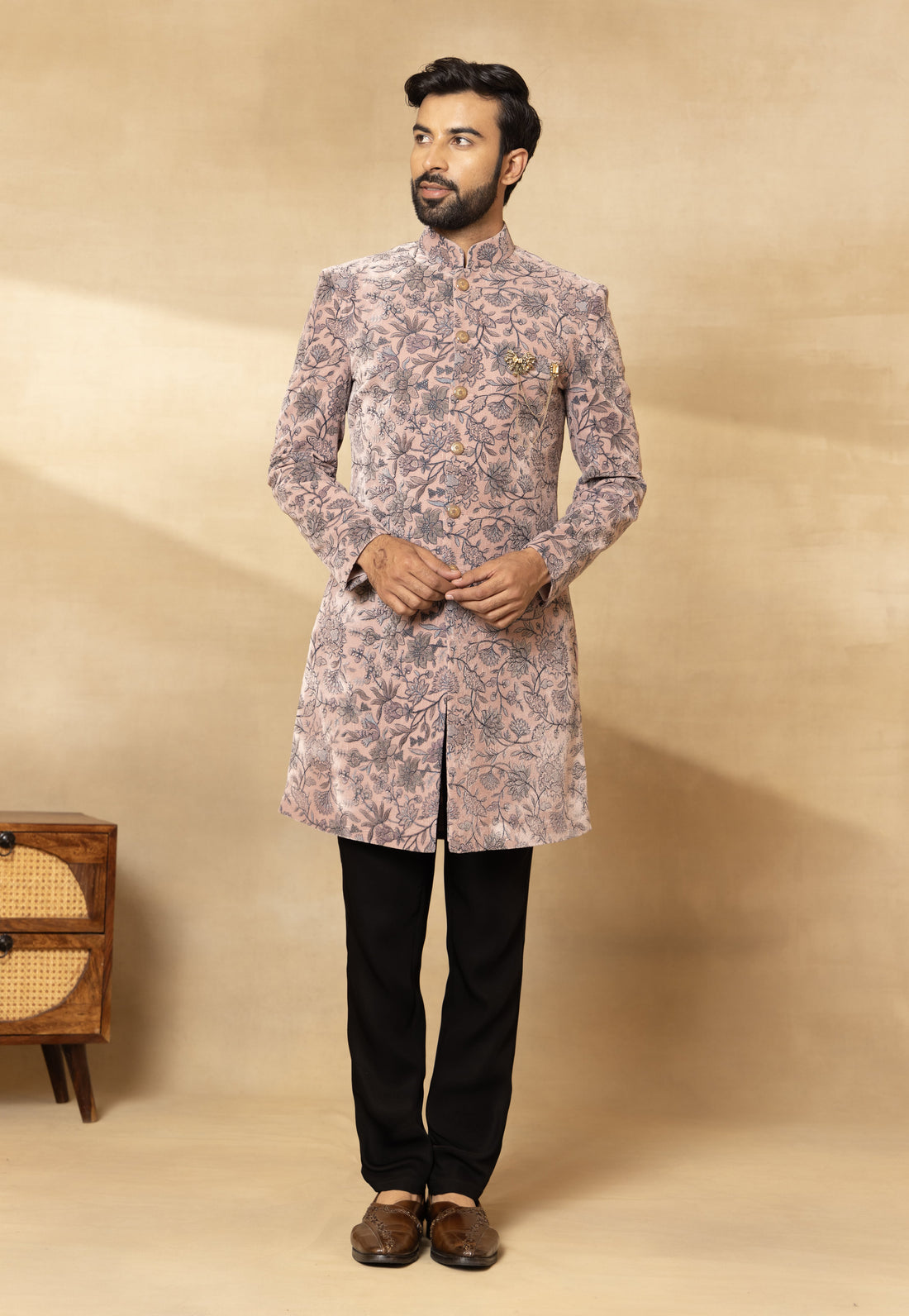 Pink Velvet Embroidered Sherwani Set with Dupatta