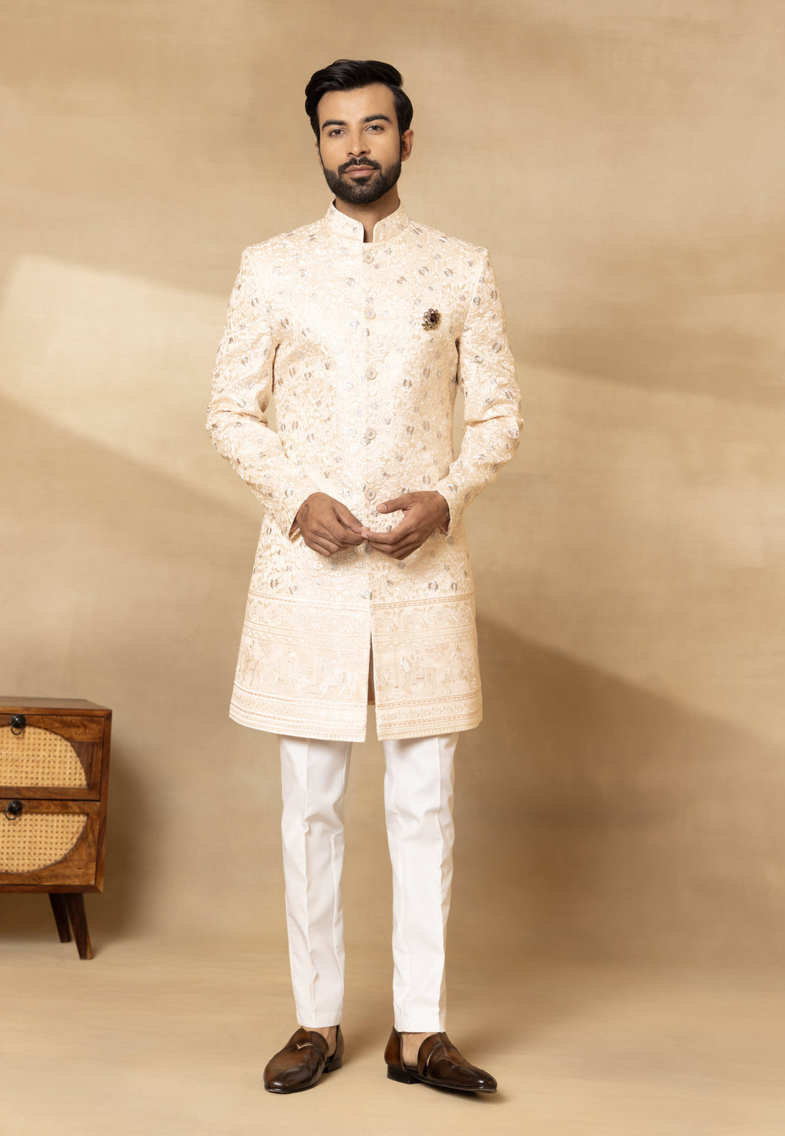 Peach Silk Embroidered Sherwani Set with Dupatta