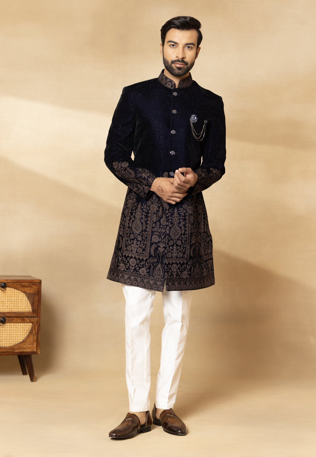 Navy Blue Velvet Stone Work Sherwani Set with Dupatta