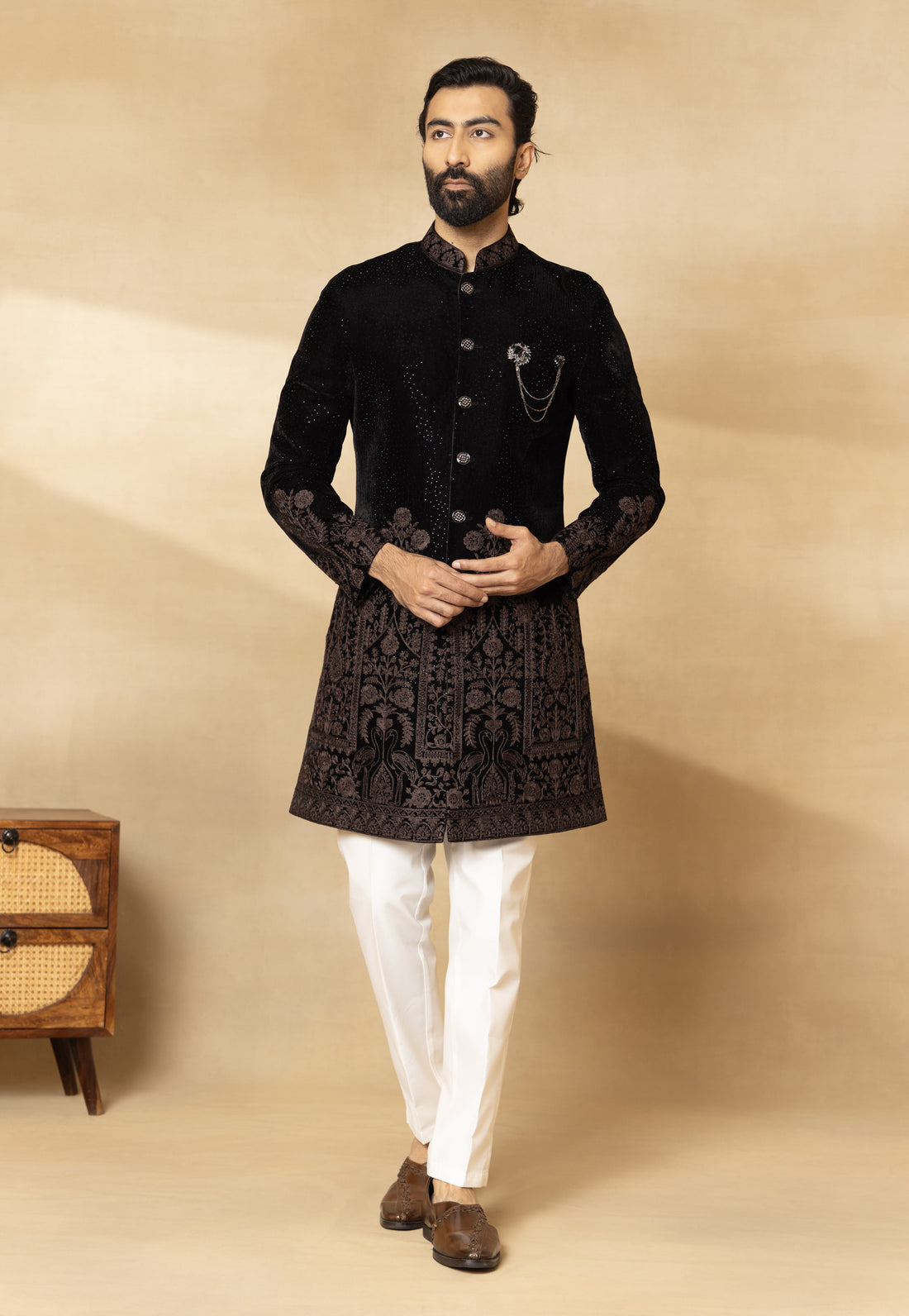 Black Velvet Stone Work Sherwani Set with Dupatta