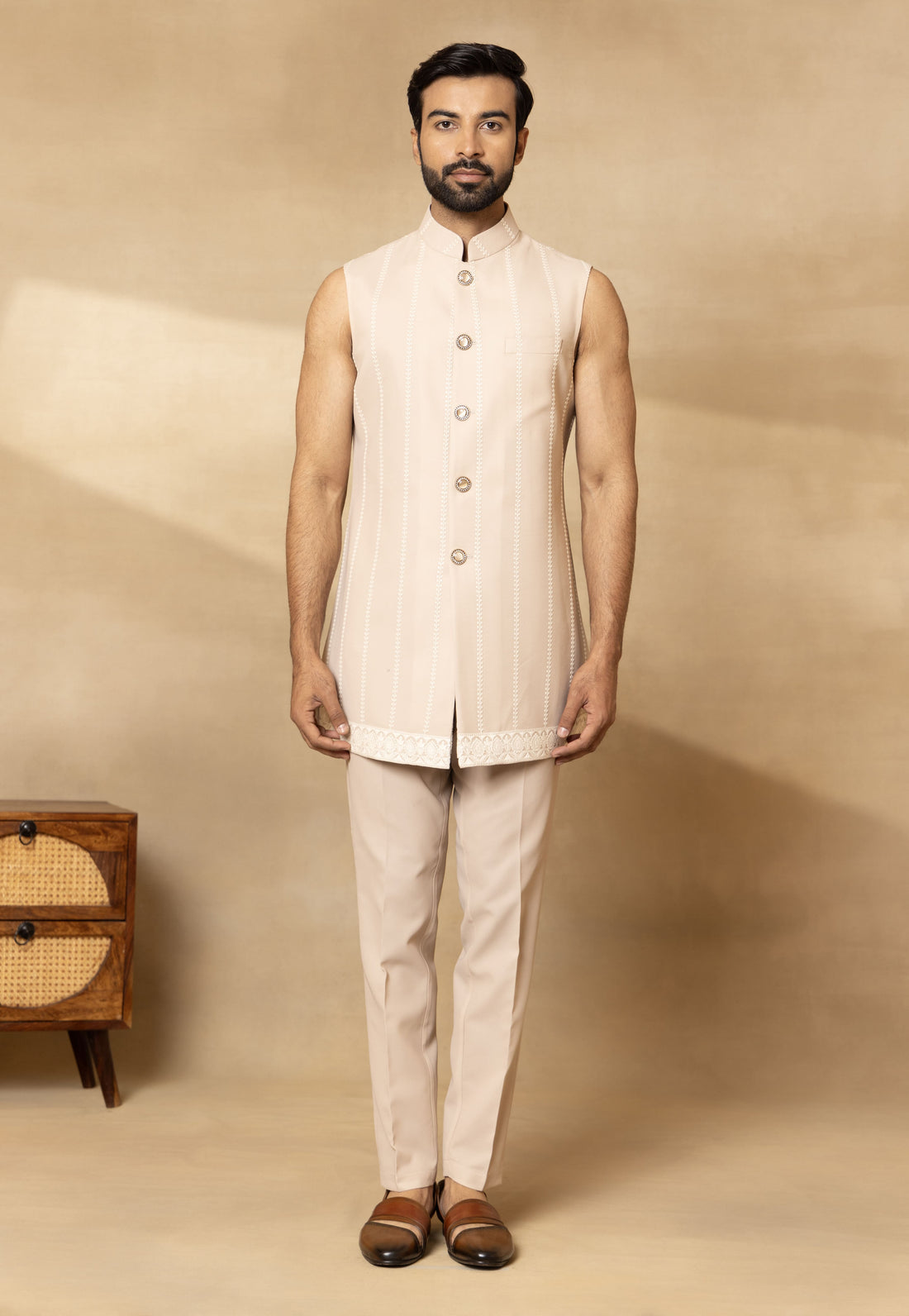 Baby Pink Georgette Embroidered Front Open Sherwani Set with Long Jacket Inside