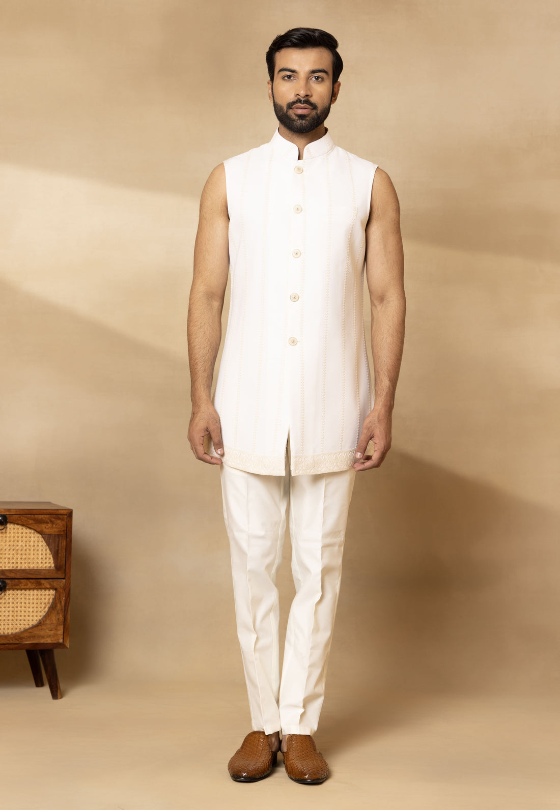 Cream Georgette Embroidered Front Open Sherwani Set with Long Jacket Inside