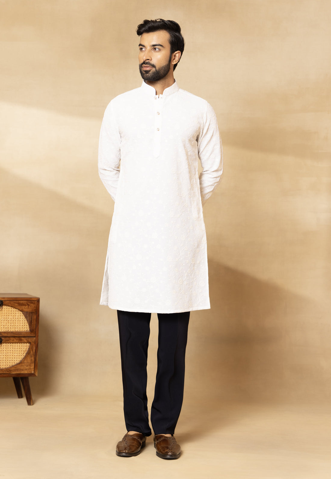 Navy Blue Velvet Embroidered Front Open Sherwani Set