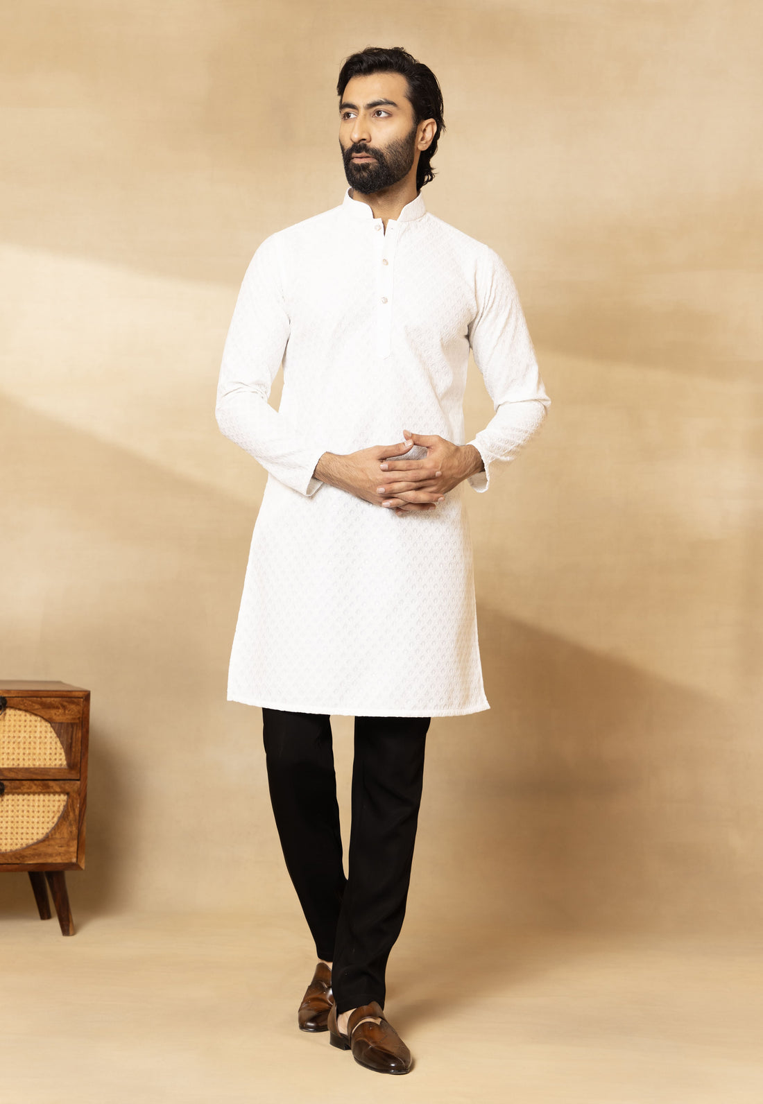 Black Front Open Long Jacket Set with Chikan Kurta