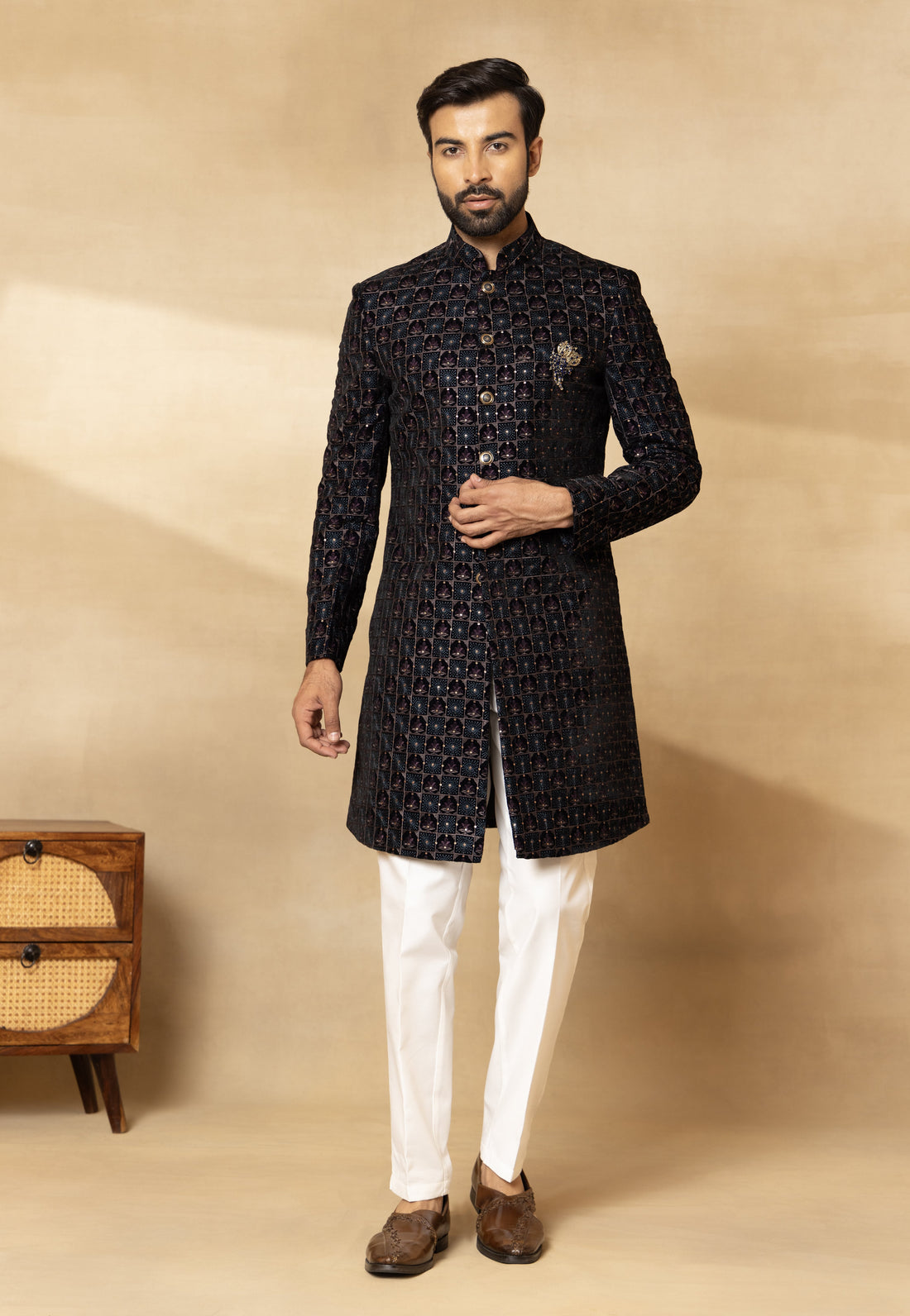 Navy Blue Velvet Embroidered Sherwani Set with Dupatta