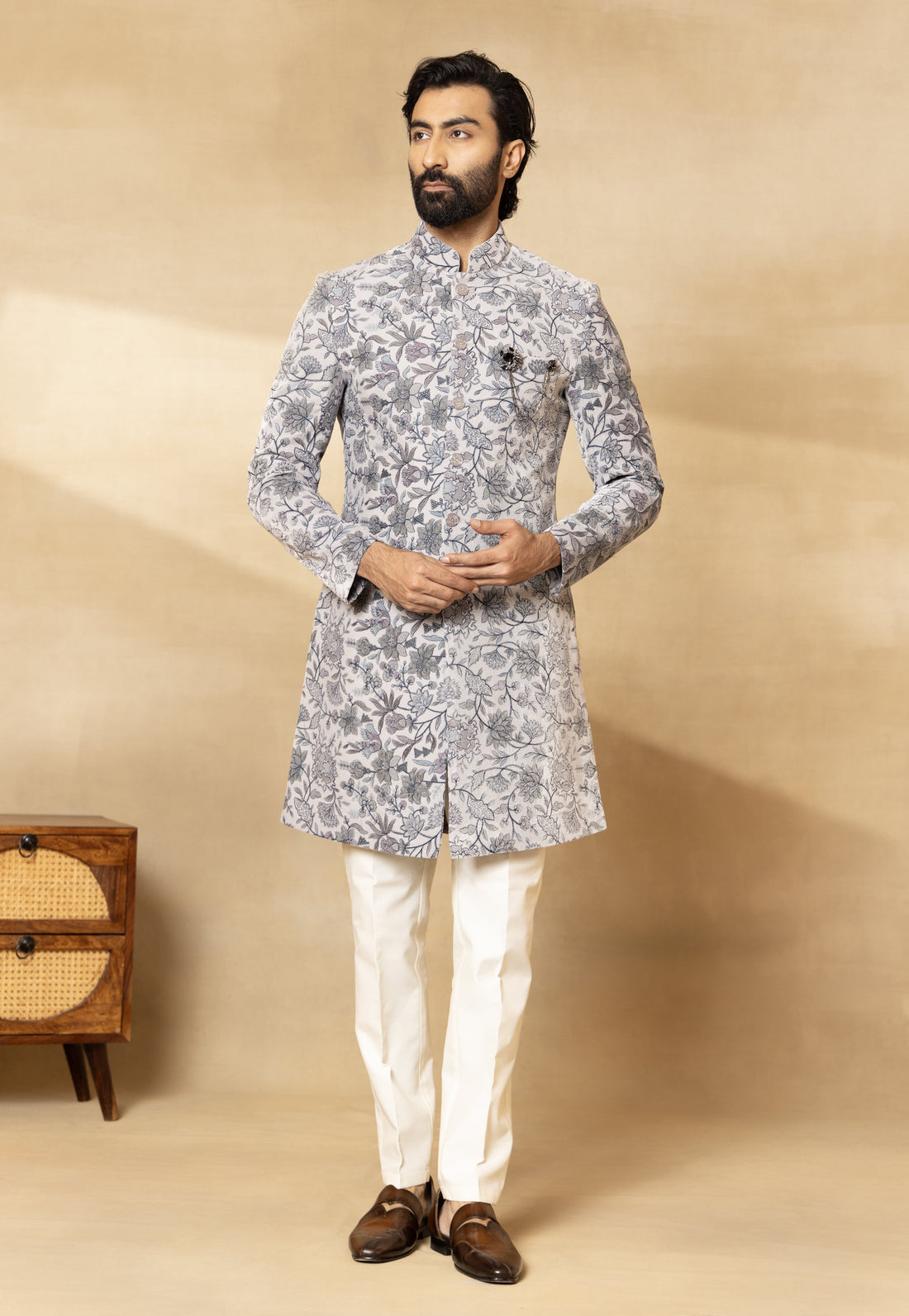 Grey Velvet Embroidered Sherwani Set with Dupatta