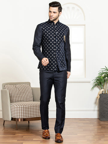 Navy Safari Waist Coat Set with Velvet Embroidered Jacket