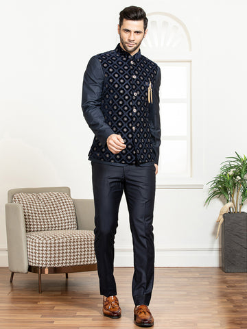 Navy Safari Waist Coat Set with Velvet Embroidered Jacket