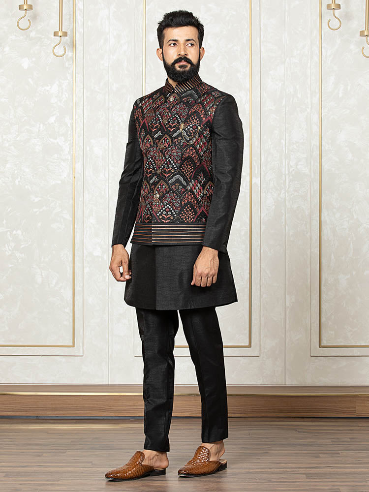 Jacket Black Kurta Pajama With Waistcoat Black And Grey Color