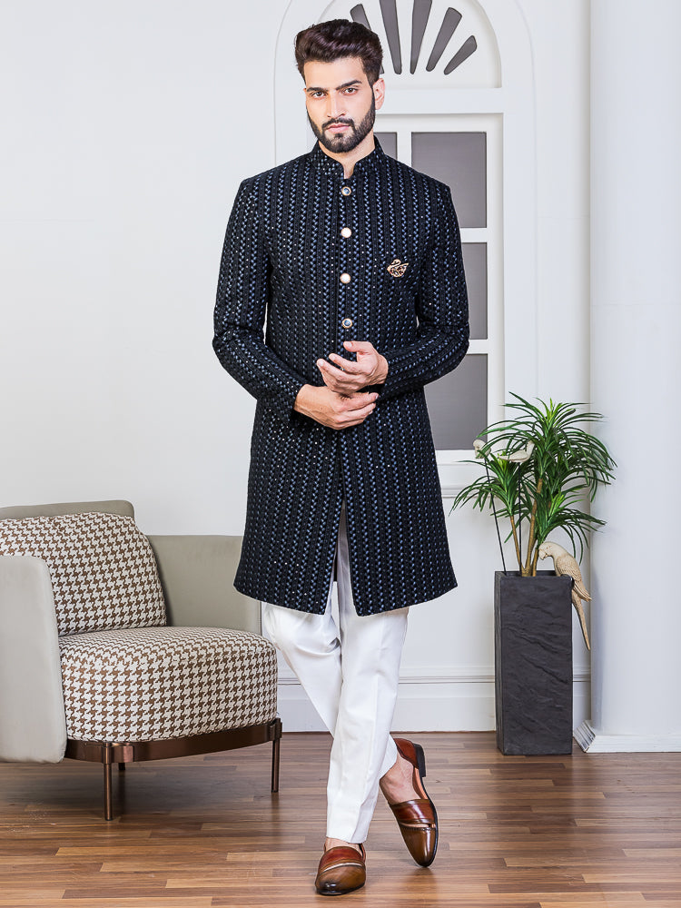 Black Velvet Embroidered Sherwani Set with Dupatta Ethnic Wear