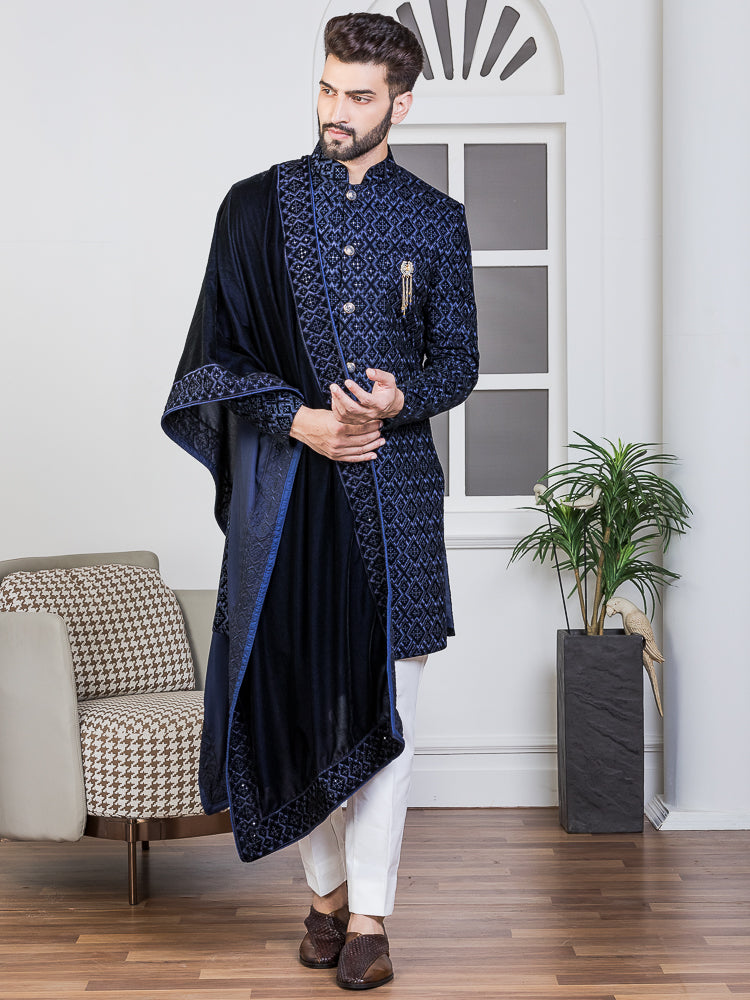 Navy blue hot sale velvet sherwani