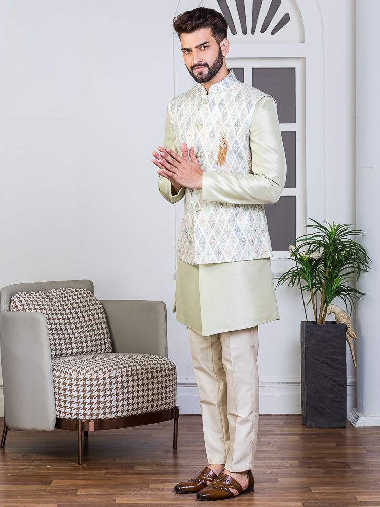 Pista Green Embroidered Nehru Jacket Set | Ethnic Wear for Men