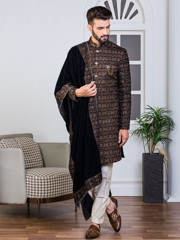 Navy Velvet Embroidered Sherwani Set with Dupatta
