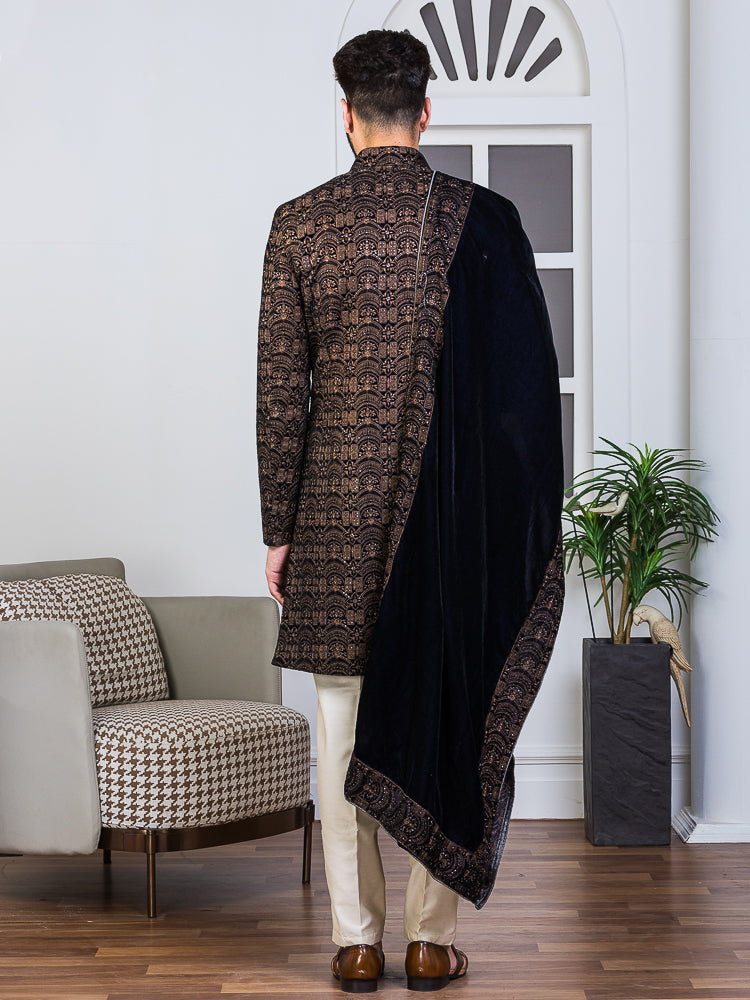 Navy Velvet Embroidered Sherwani Set with Dupatta