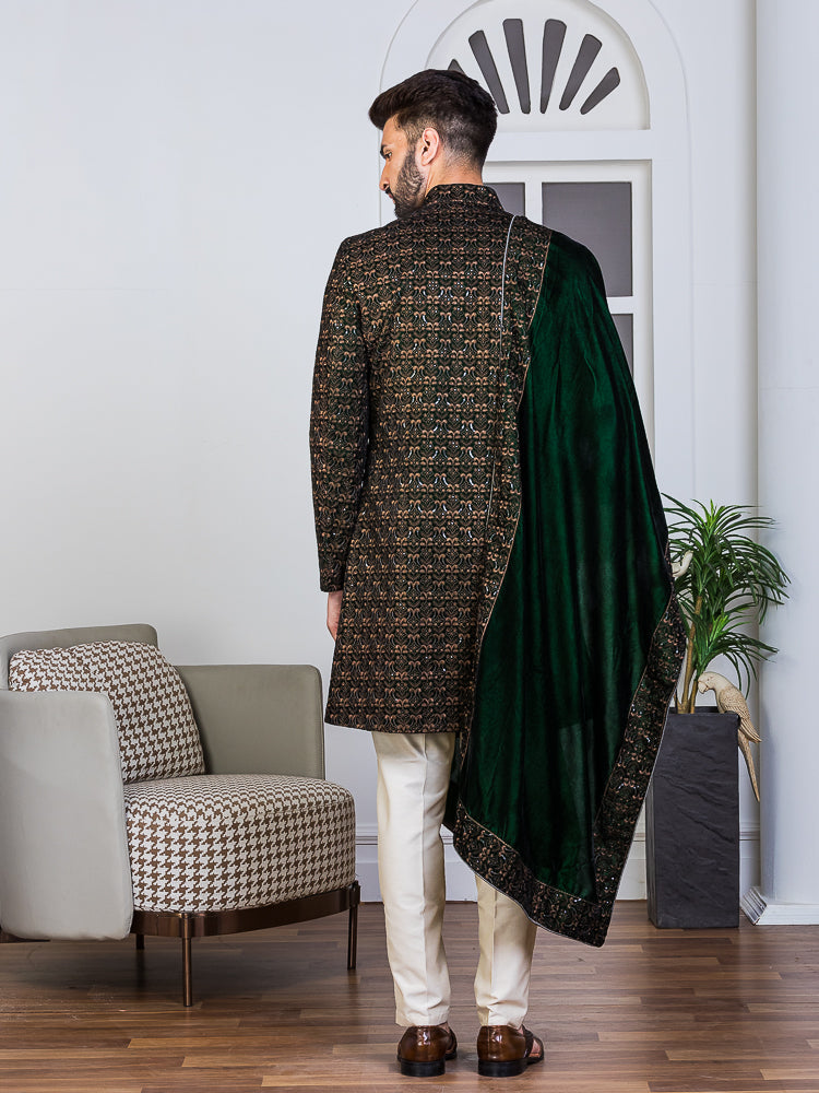 Green Velvet Embroidered Sherwani Set with Dupatta