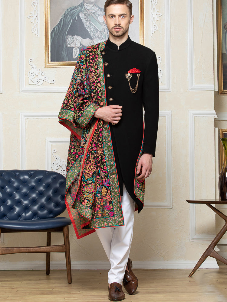 Black Embroidered Sherwani Set with Dupatta - Main Image