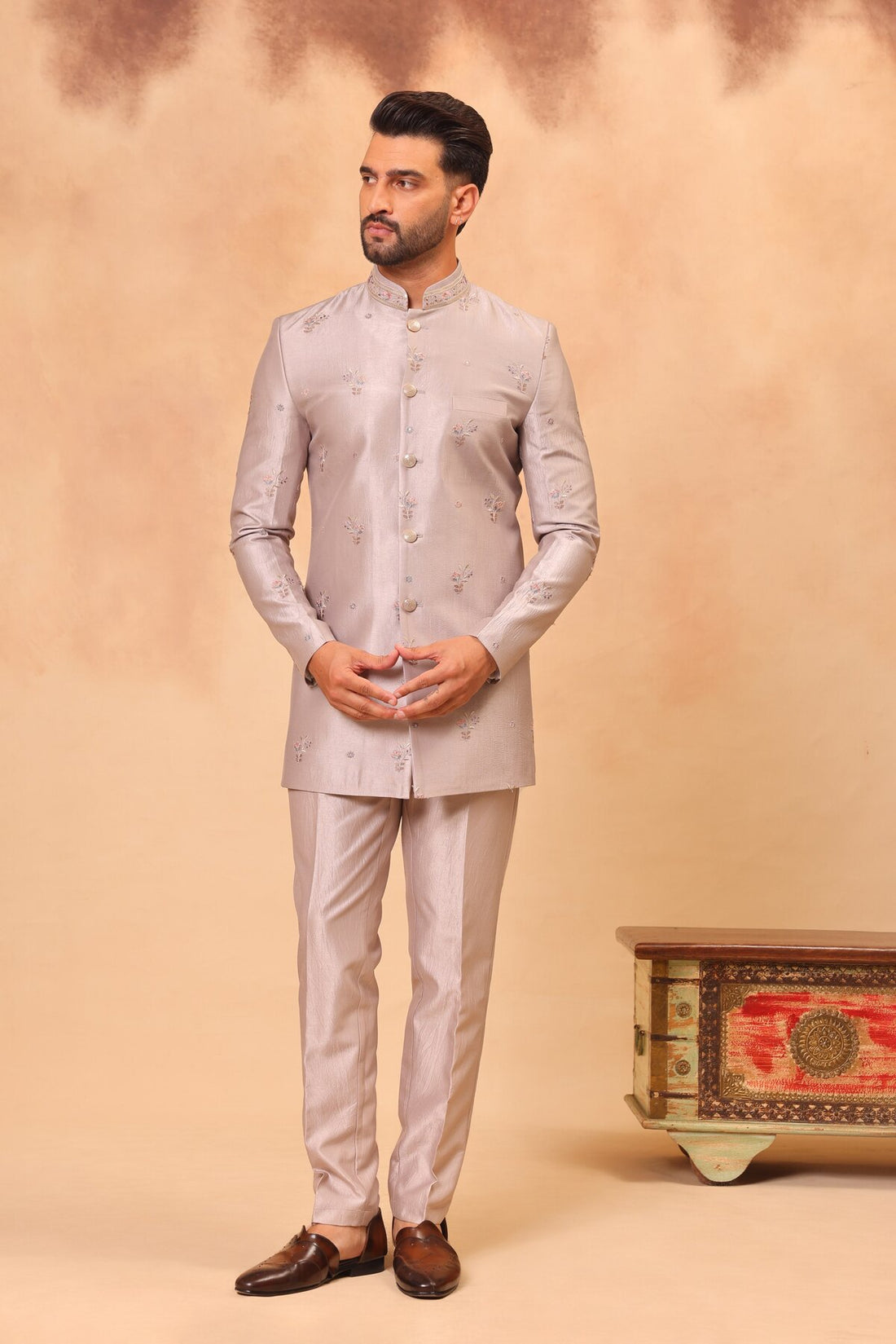 Natural Grey Embroidered Front Open Short Jacket Set
