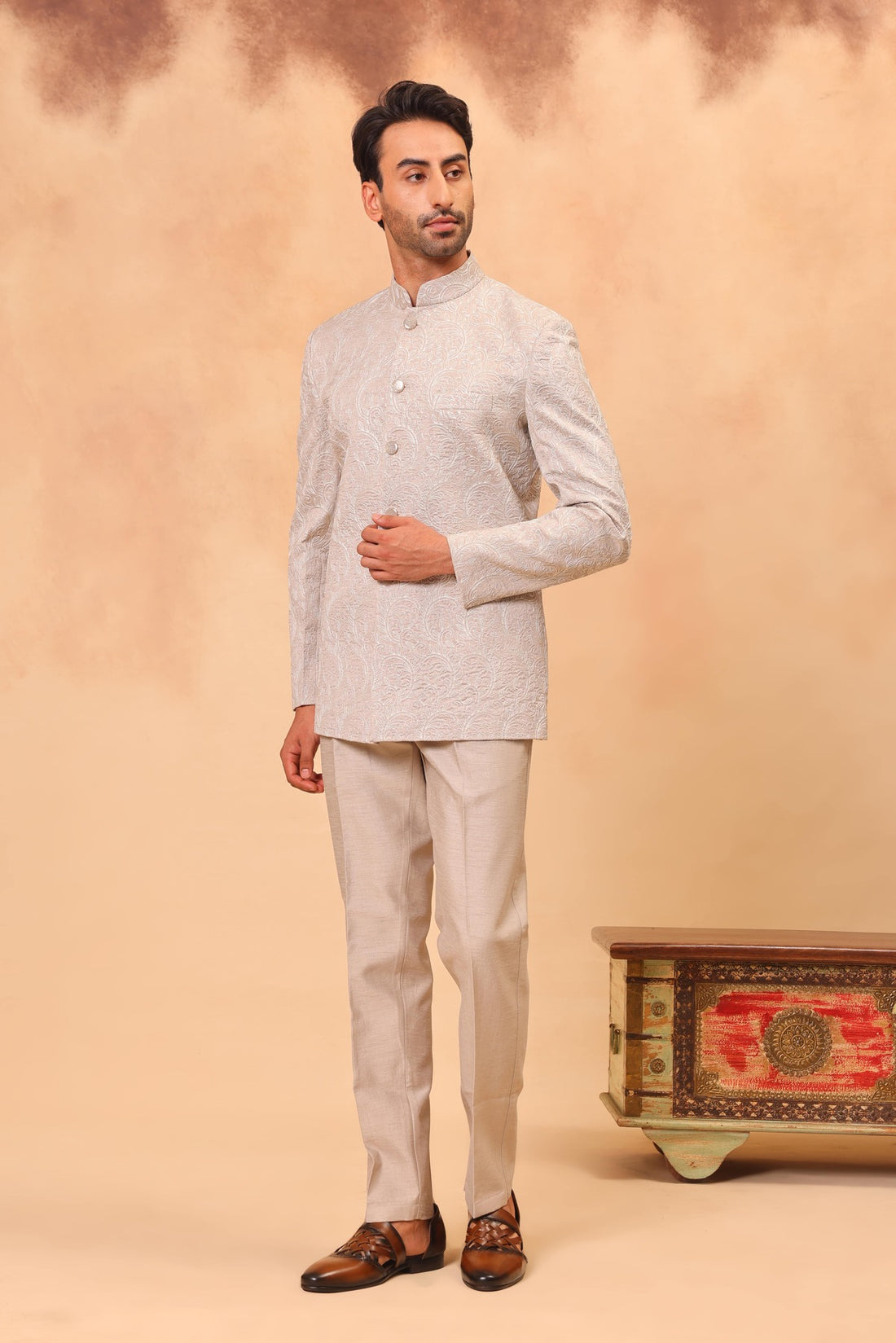 Natural Grey Front Open Embroidered Safari Set with Nehru Jacket