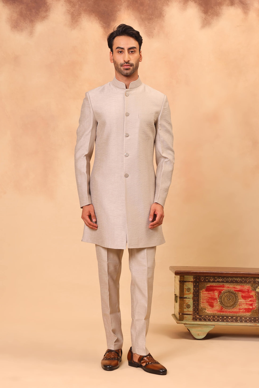Natural Grey Embroidered Nehru Jacket Set