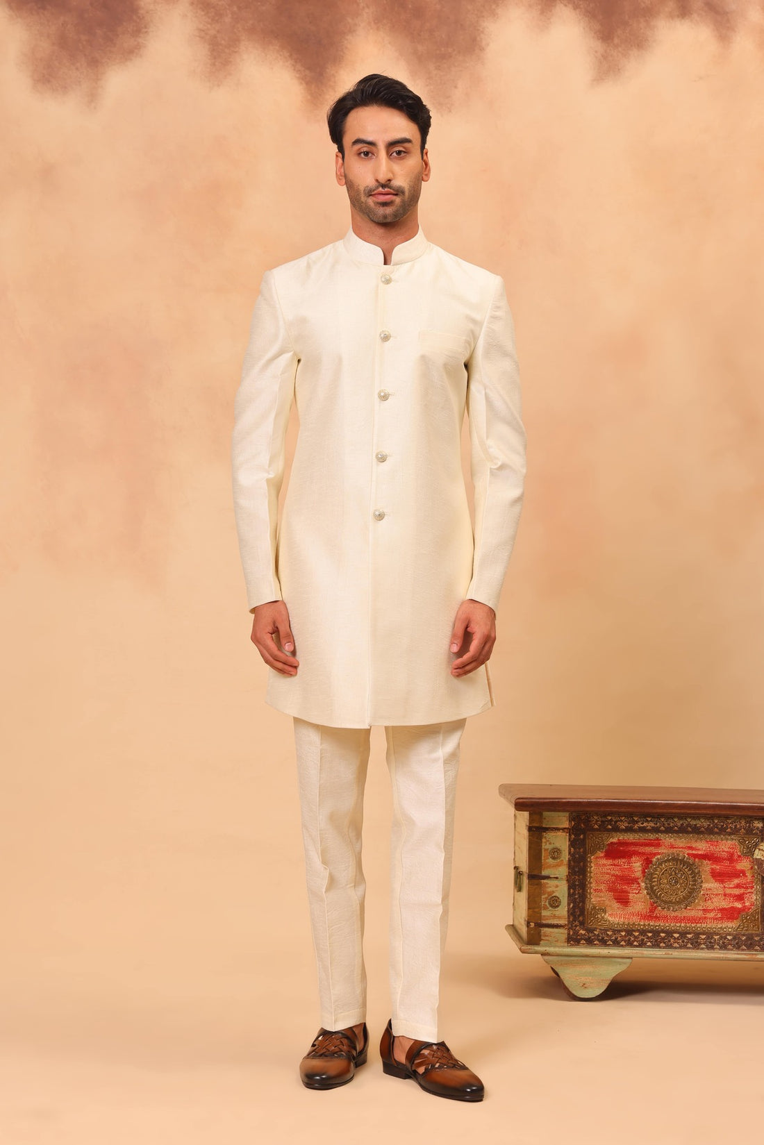 Cream Embroidered Nehru Jacket Set
