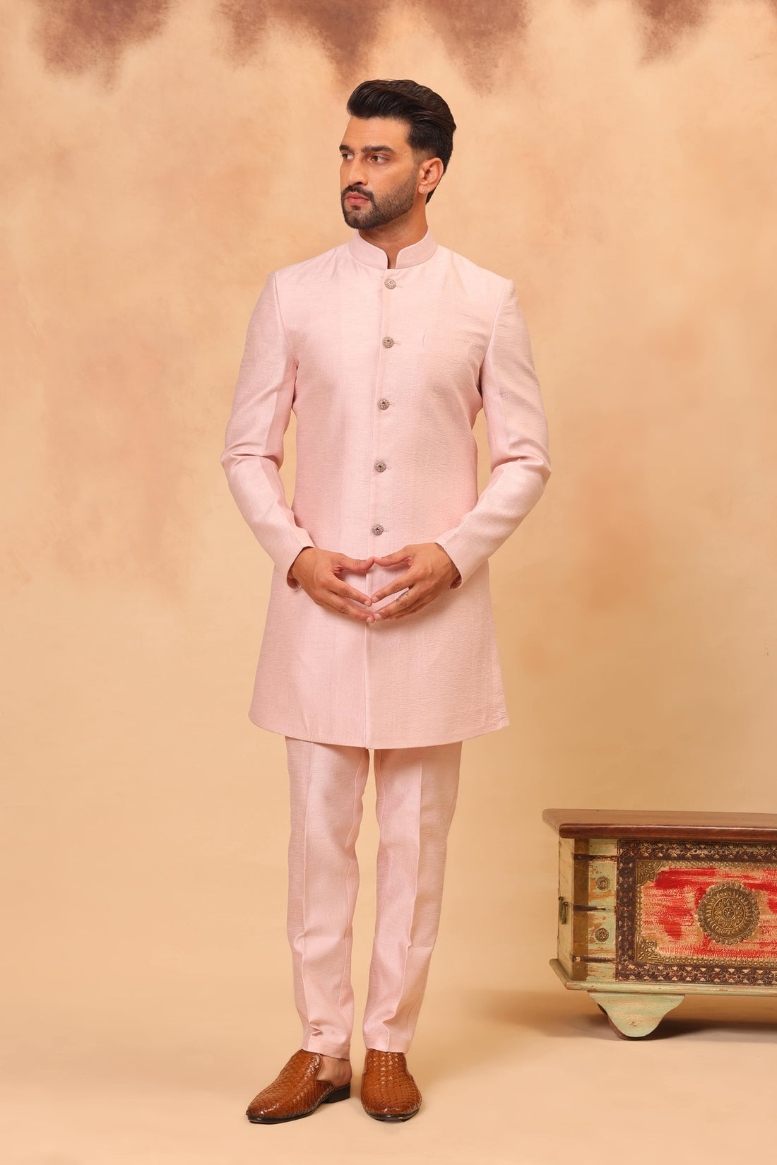 Pink Embroidered Nehru Jacket Set